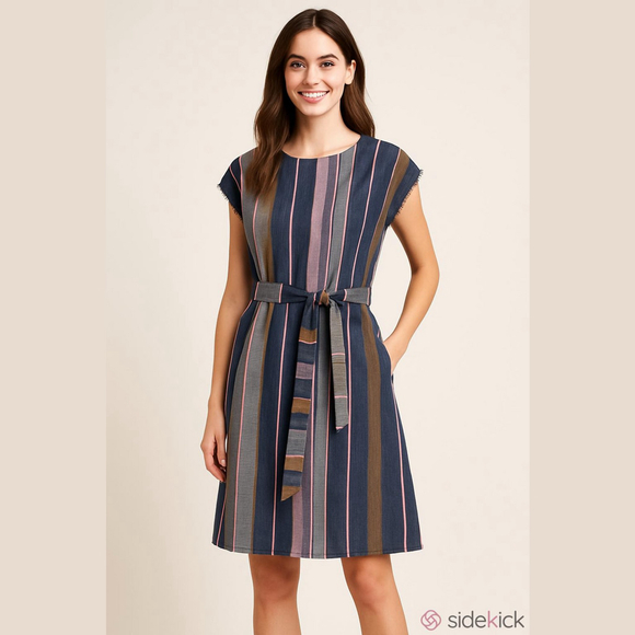 Anthropologie Austen stripe dress Medium raw edge belted pockets Smart Casual - Picture 1 of 12